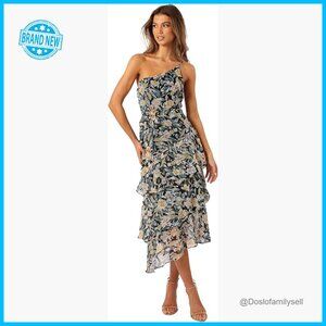 One Shoulder Midi Dress Elegant Chic Evening Party Wear Floral Pattern